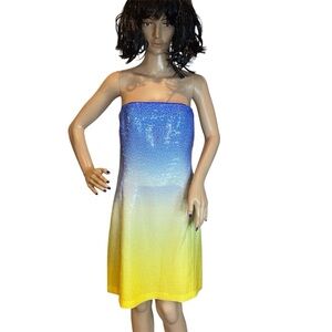 Kay Unger Strapless All-Over Sequins Blue Yellow Ombre Formal Dress Size 6 EUC